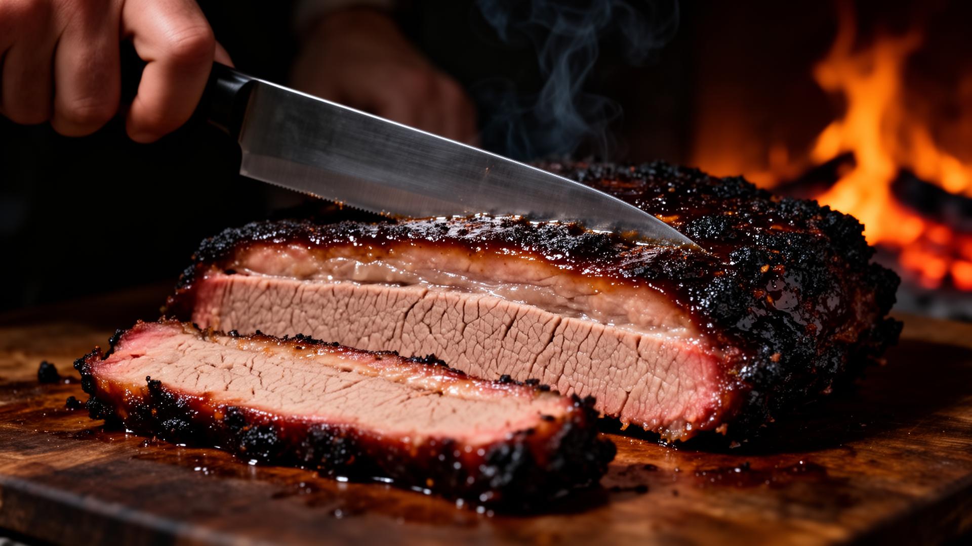 Brisket ahumado siendo cortado